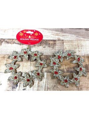 2 Acrylic Plastic Wreath Christmas Ornaments 5" Gold And Red Glitter Holiday Vil